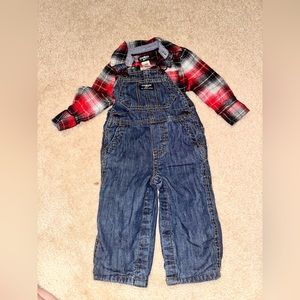 Oshgosh flannel onsie and flannel/ jean overalls Size 12 months